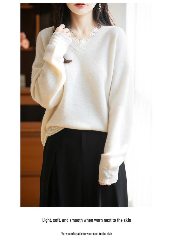 Women's Loose Fit Wool Pullover with Lace Trim & V-Neck – Thickened for Autumn/Winter
