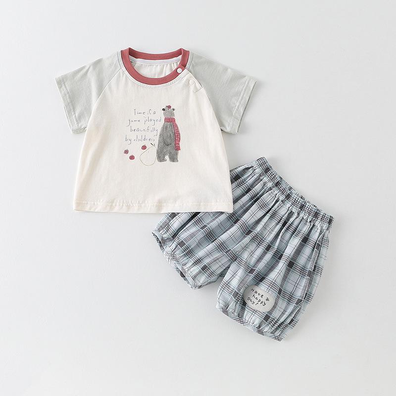 Sommer Jungen Cartoon Print Zweiteiliges Set: Kurzarm-T-Shirt & Karierte Shorts