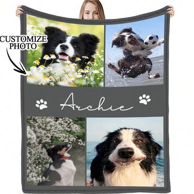 1PC Personalized Pet Flannel Blanket with Baby Dog Name And Photos - Customized Gift for Camping And Travel For Pets