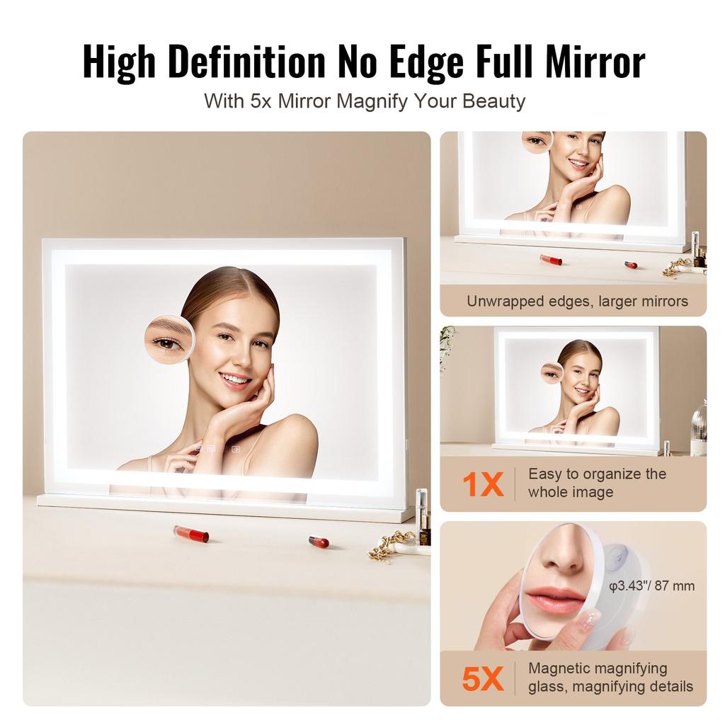 VEVOR Lighted Makeup Mirror 3 Color W/ Bluetooth USB Desktop Wall-mount 55.1 Cm