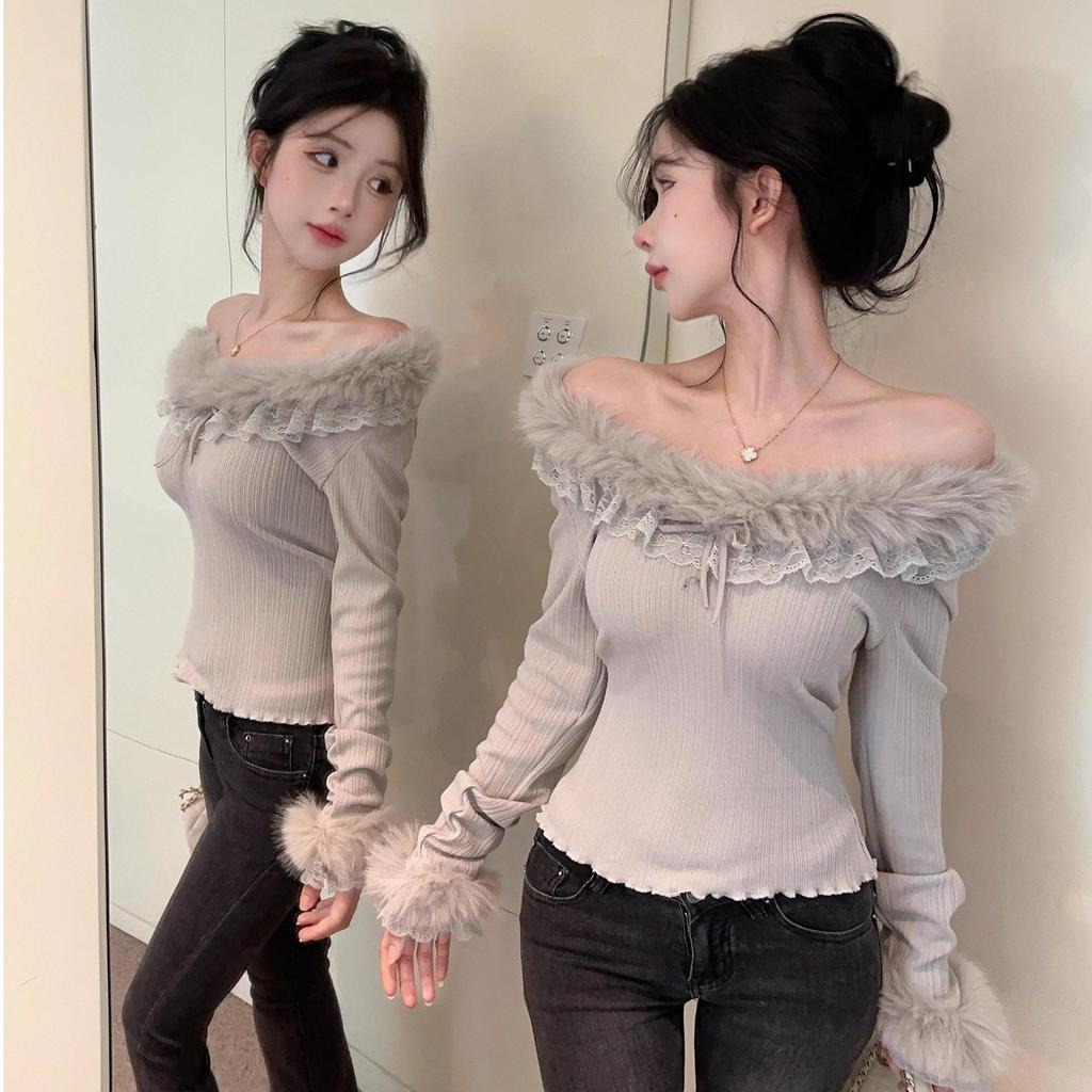 Feel French Lace Slimming Sweet Patchwork Long Sleeve Thinning Fur Collar Women's Autumn Top