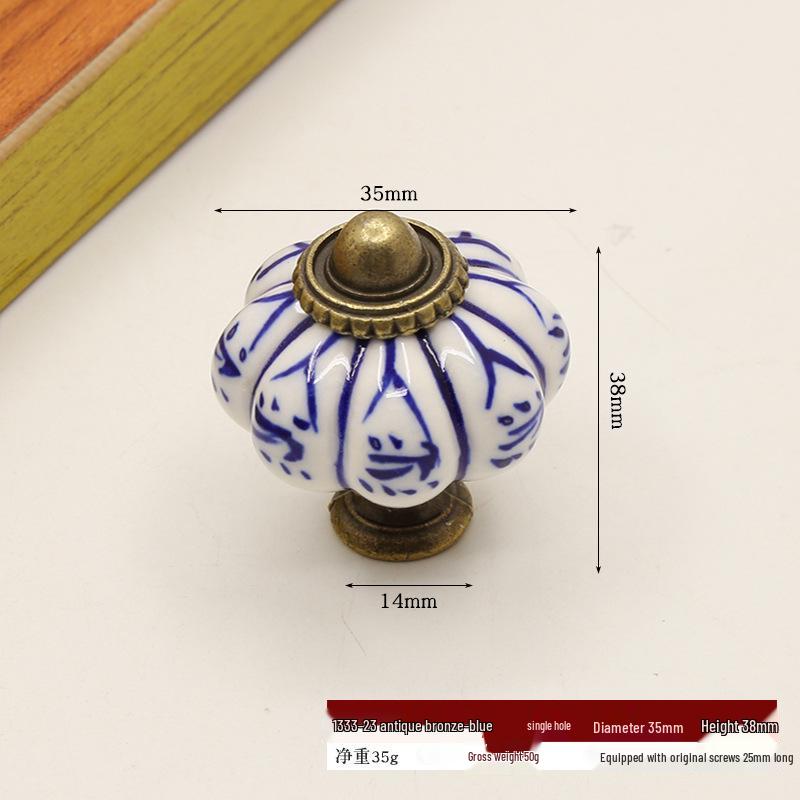 Hand-Painted Pastoral Blue and White Ceramic Pumpkin Drawer Pull
