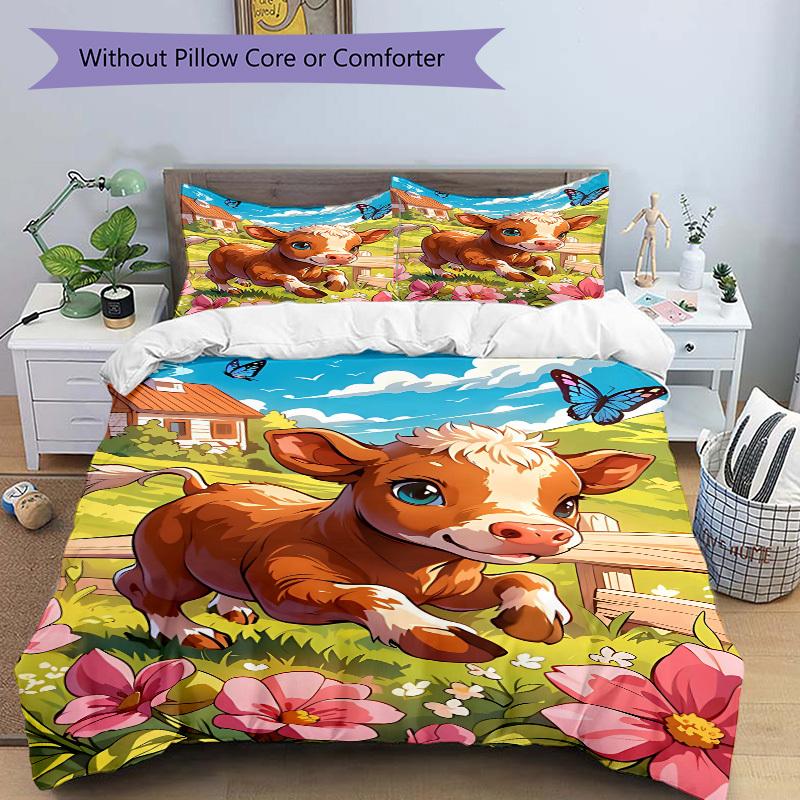 3pcs Cow Print Bedding Set - 1 Duvet Cover + 2 Pillowcases(Core Not Included), Machine Washable Polyester, All-Season Comfort, Bedroom Decor