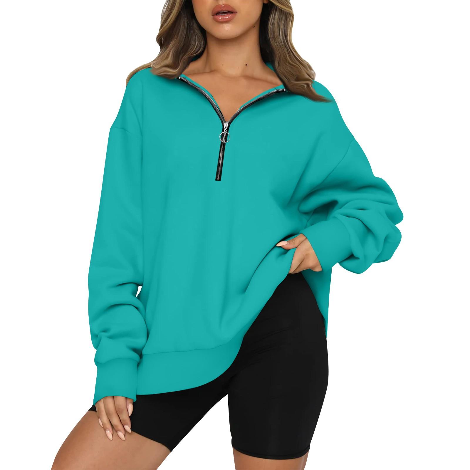 

Женский повседневный модный однотонный топ с длинными рукавами на молнии S циан