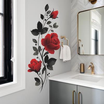 Painted Red Roses and Black Leaves, Bathroom and Home Wall Decoration Stickers