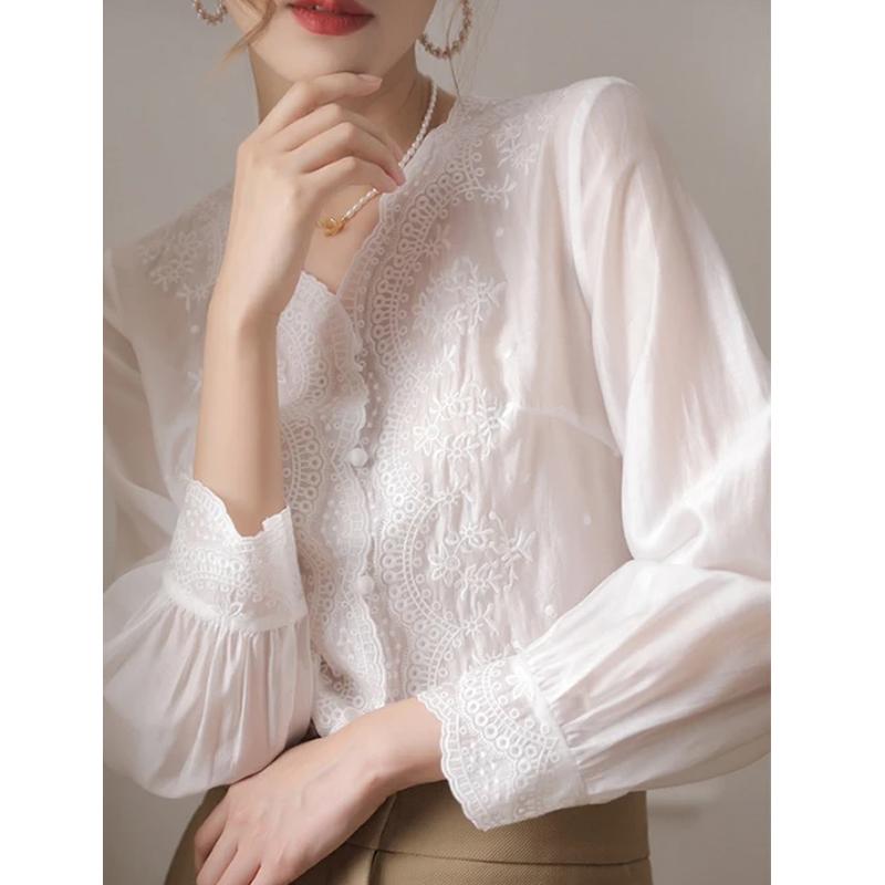 Elegant V Neck Sweet Long Sleeve Women Blouse Embroidery Flower Lace Women's Shirt Fashion Casual Simple Autumn Loose Sunscreen Top 2967