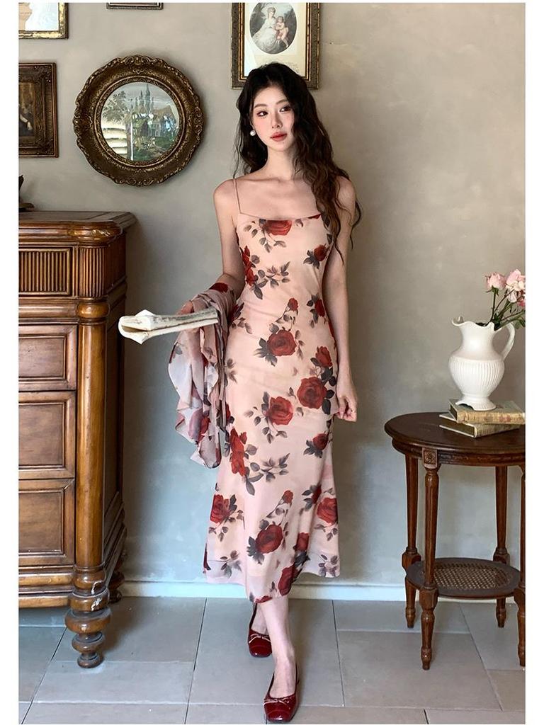 Women's Slim Waist Sleeveless Spring Print Two-Piece Dress