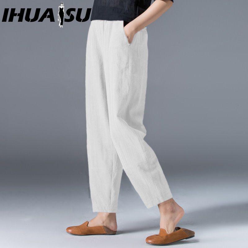 IHUASU 9 barev Objednejte o dvě čísla větší, Dámské letní ležérní volné bavlněné lněné harémové kalhoty s elastickým pasem, Slim kalhoty, Devítidélkové kalhoty