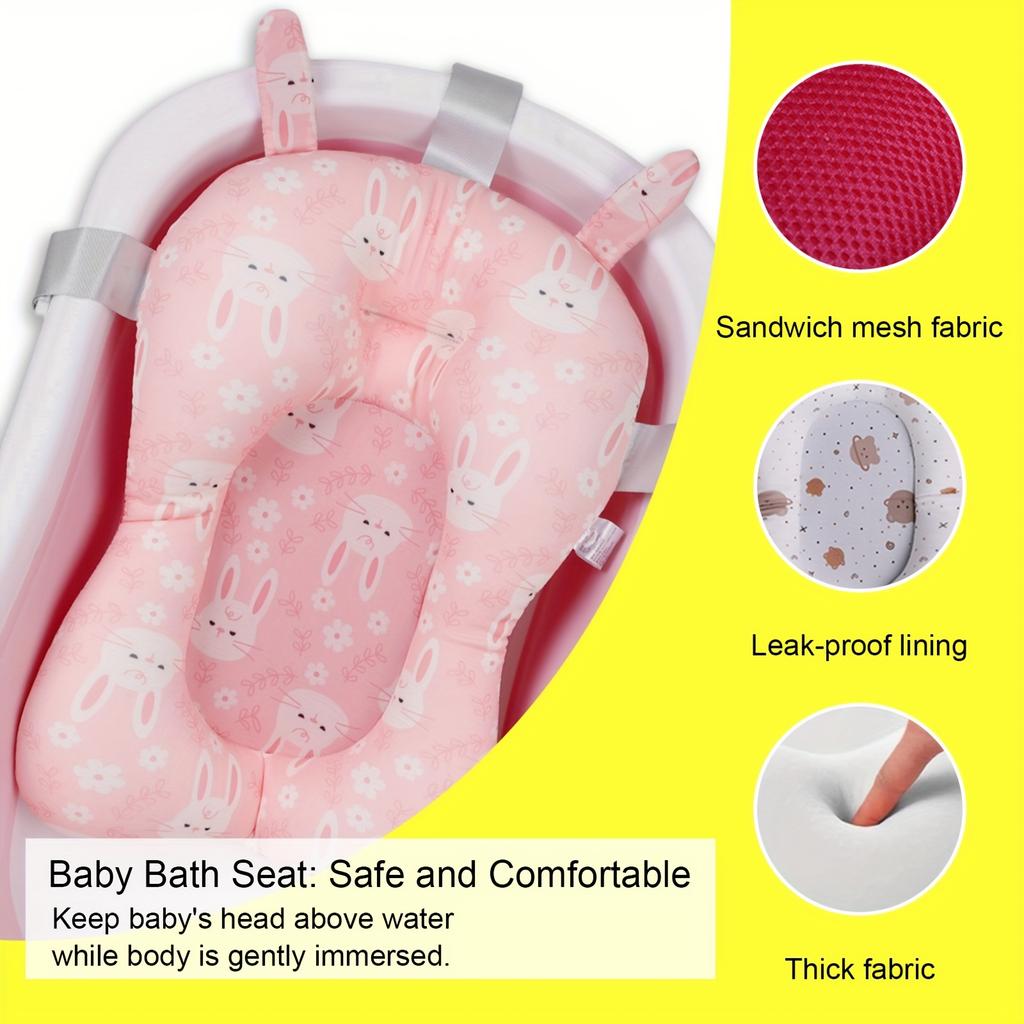 1pc Comfortable Newborn Bath Cushion with Waist and Neck Support Adjustable Cute Cartoon Bear Rabbit Print Design Perfect Gift
