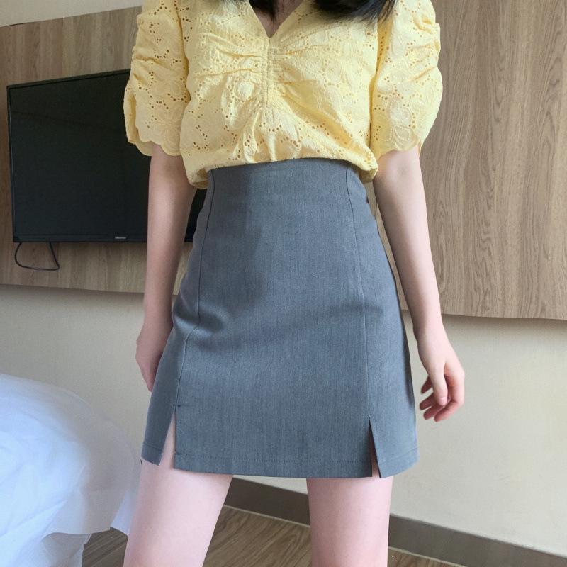 Women's Summer 2024 Black High-Waist A-line Slit Skirt - College Style Petite Fit