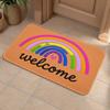 Non-Slip Absorbent Flannel Mat, Washable Soft Rug, Orange Base Rainbow Welcome Letter Heart Print, Bright Cute Decor Mat For Entry, Bath & Kitchen