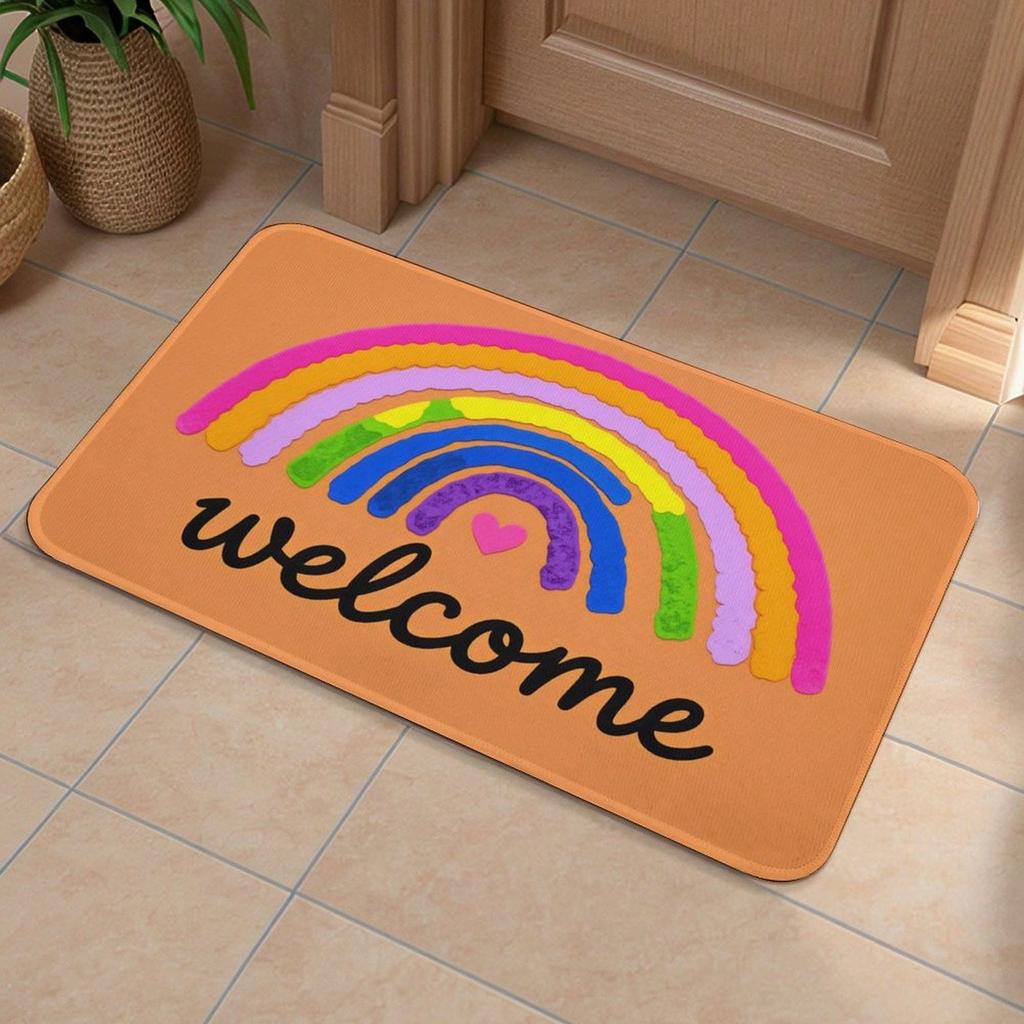Non-Slip Absorbent Flannel Mat, Washable Soft Rug, Orange Base Rainbow Welcome Letter Heart Print, Bright Cute Decor Mat For Entry, Bath & Kitchen