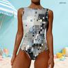 Women Plus Size High Round Neck Sleeveless One Piece Geometric Printed Swimsuit