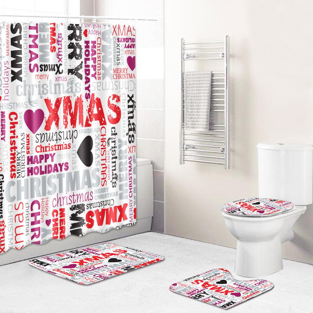 Hot Christmas Bathroom Shower Curtain Four-Piece Combination Floor Mat Bathroom Water-Absorbing Non-Slip Door Mat Carpet