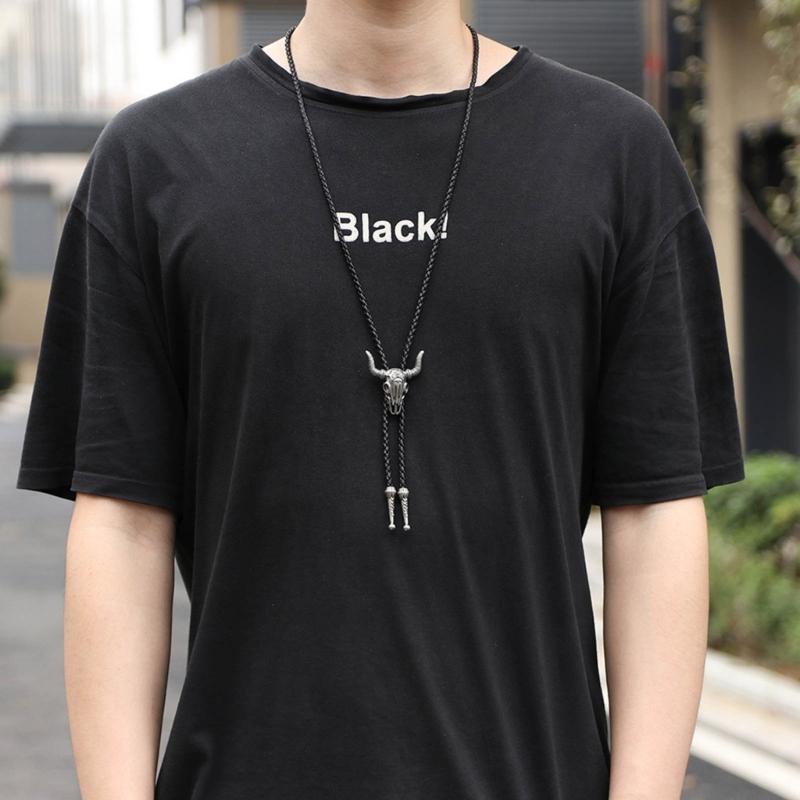 Vintage Bull Head Buckle Choker Necklace Black Leather Cord Necklace Fashion Jewelry Necktie Tie Pendant Necklace