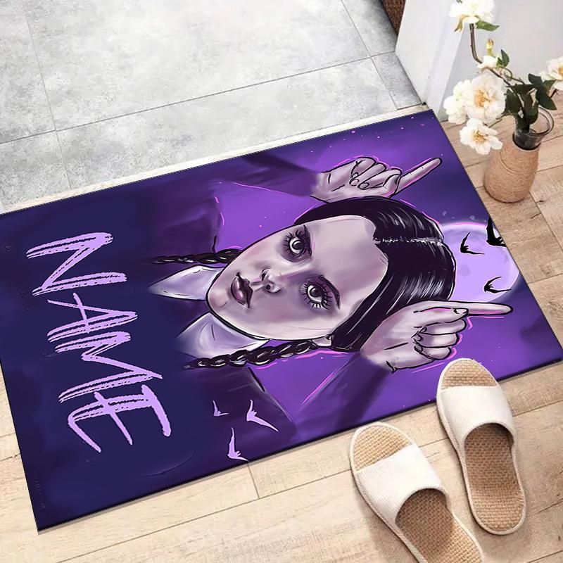 Custom Addams Family Wednesday Mat Personalized Name, Polyester Washable Indoor Entryway Rug, Gift for Christmas, Easter, Thanksgiving Day