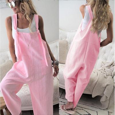 Damen-Overall, Spaghettiträger, breites Bein, Latzhose mit Taschen, Baumwoll-Leinen-Overall, lässiger, lockerer Playsuit