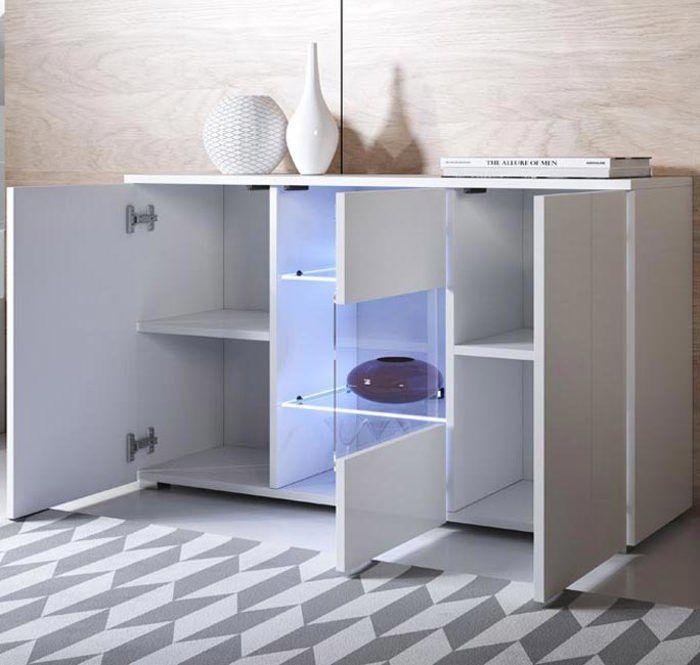 Buffet Sideboard 3 Doors 2 Shelves LED Display Cabinet | 120 X 72 X 40 Cm | Color White Gloss Finish | Storage | LUKE A2