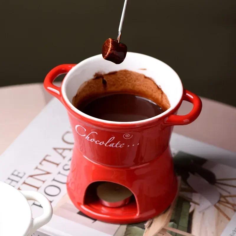 Heiße Keramik-Schokoladen-Chafing-Dish-Tasse mit Gabel, Kerzentopf, schmelzende Schokolade, Becher, Geschirr, kreatives Trinkgeschirr für den Haushalt
