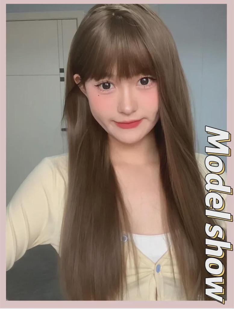 Natural Long Black Straight Wig with Air Bangs