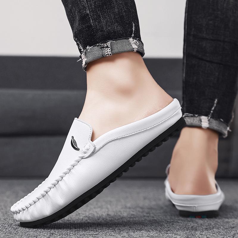 Large Size 39-46 Leather Mules Mens Backless Loafers Slippers Half Shoes For Men Closed Toe Sandals Man Semi-Drag Casual Shoes