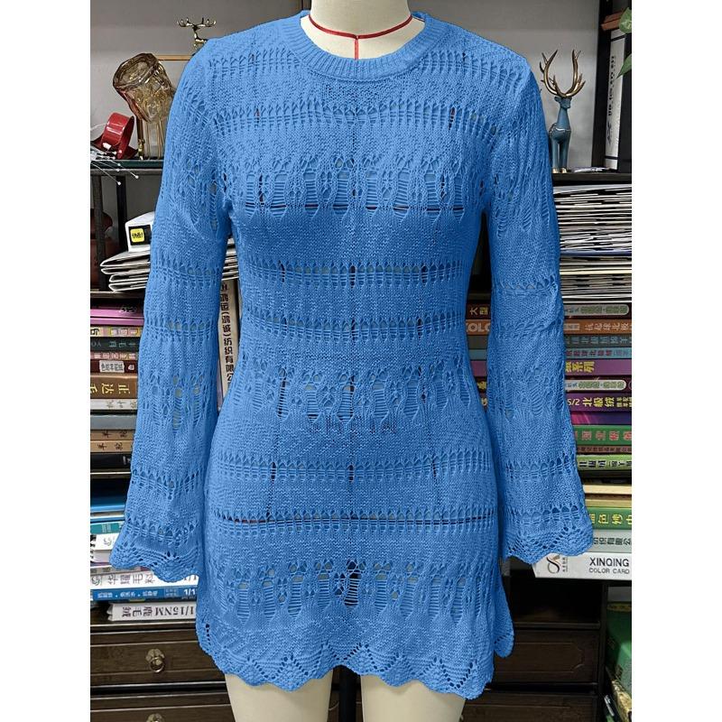 Summer Sexy See Through Beach Dress New Women Hollow Out Mesh Long Sleeve Cover Up Loose Sun Protection Vacation Bikini Cover Up Short Dress 265