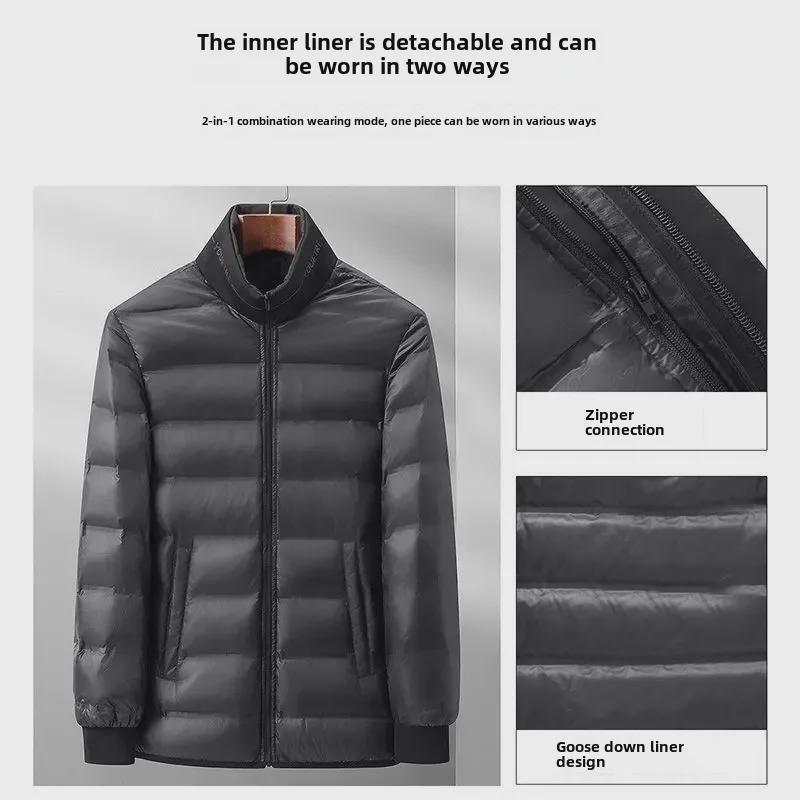 Herren-Winterjacke mit Gänsedaunen und Kapuze: Warmes, verdicktes, herausnehmbares Futter, ideal für Menschen mittleren Alters und ältere Menschen, 3-in-1-Kleidung.