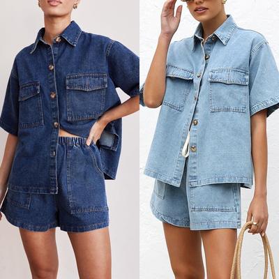 Damen Kurzes Hosen-Set Zweiteilige Sets Denim Passendes Set Umlegekragen Hemd Shorts Hose Hohe Taille Lässig Y2k Streetwear