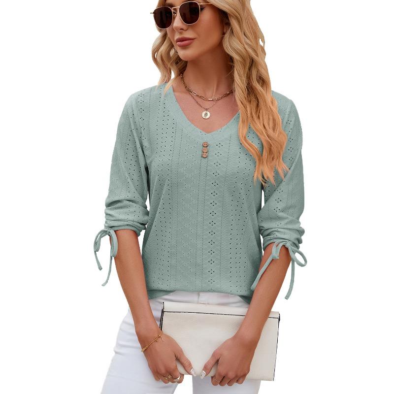 Spring and Summer Women's T-shirt New Button V-neck Solid Color Loose T-shirt Mid-sleeved Tops