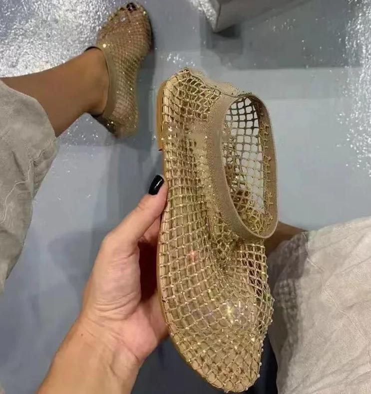 Fashion 2025 New Women Luxury Brand Round Toe Flat Bottom Sandals Summer Hollow Short Boots Water Diamond Sexy Flat Bottom Shoes Sandals