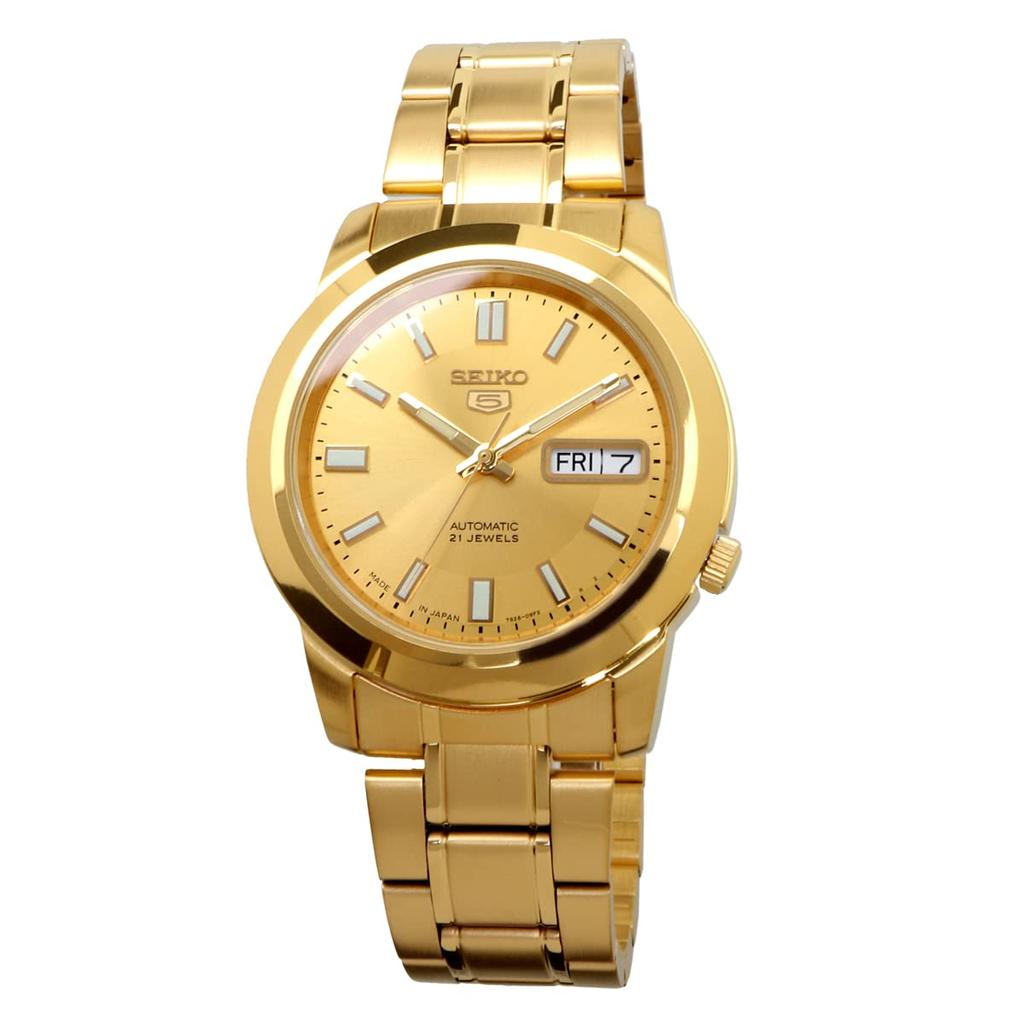 SEIKO 5 Men's Mechanical Automatic Watch SNKK20J1 Made in Japan, Gold Dial, Gold-Tone Bracelet, 39mm, Day-Date, Luminous Hands