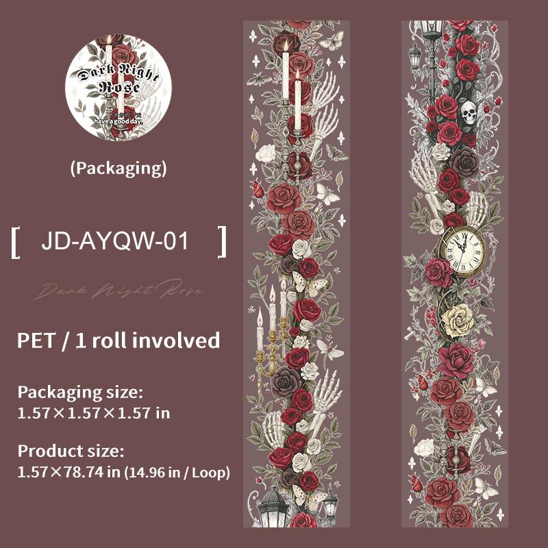 JIANWU 40mm*200cm Dark Night Rose Series Vintage Gothic Skull Flower Landscape Collage PET Tape Creative Journal Stationery