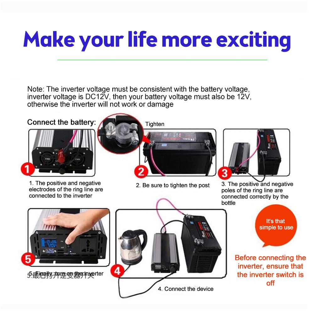 New Pure Sine Wave Inverter DC12V To AC220V 1000W 1600W 2000W 3000W Portable Power Bank Converter Car Mounted Inverter Transform