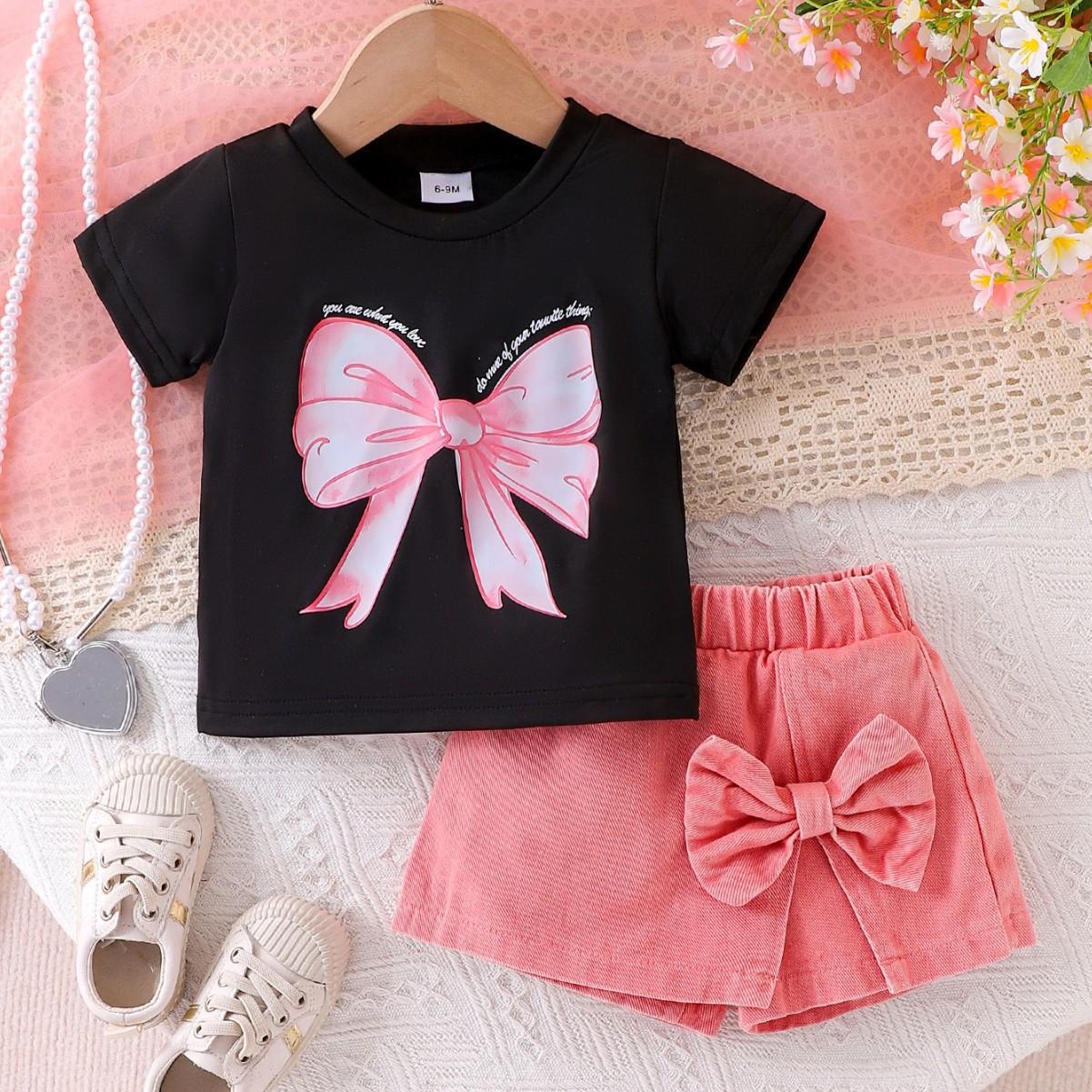 

Модный костюм для девочек, летний детский повседневный костюм из двух частей с принтом банта и нестандартной юбкой 2-3Y чёрный