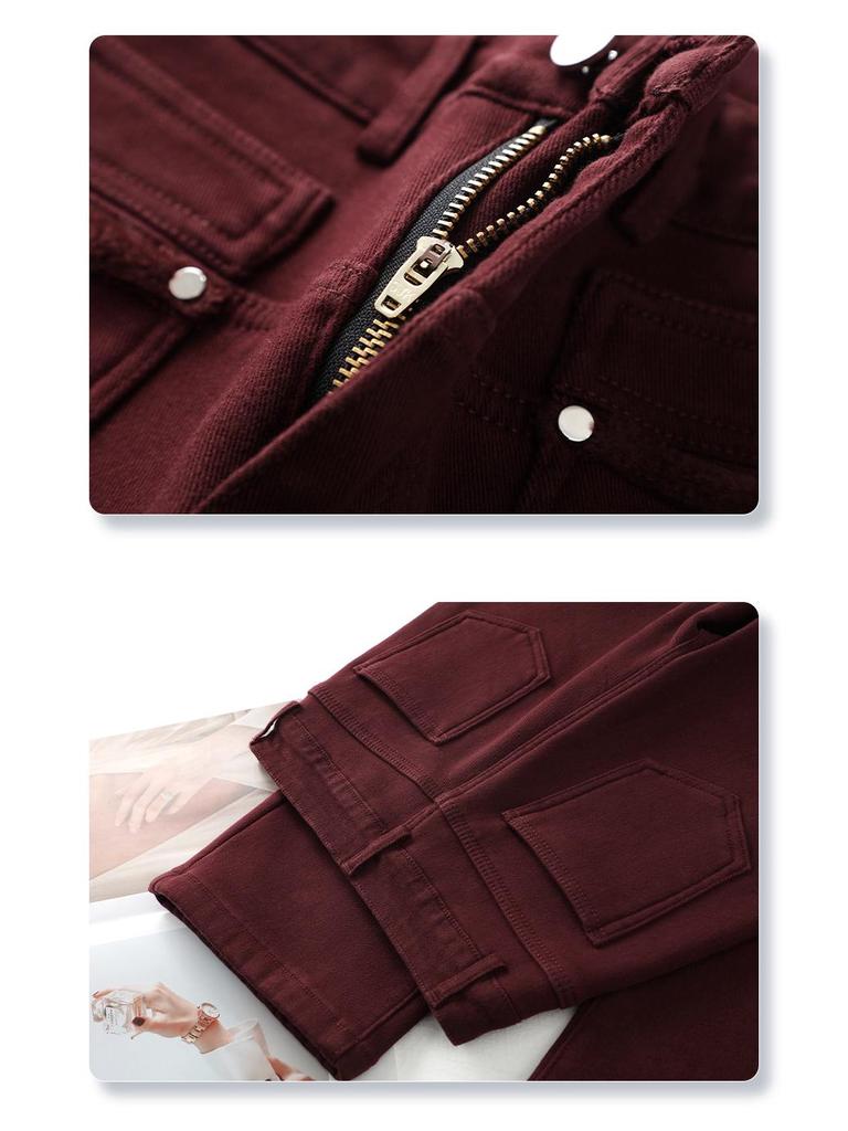 Ancola Women's 2024 Red Fleece-Lined High-Waisted Wide-Leg Jeans - Autumn/Winter Retro Style