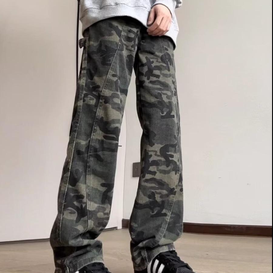 

Камуфляжные джинсы для мальчиков для работы Летом Новые Уличные Ретро Брюки Свободные Прямые Широкие брюки S