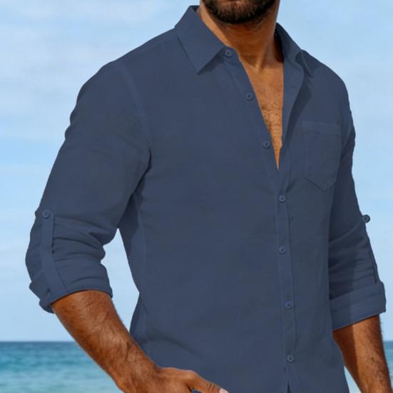 Men Long Sleeve Shirt Turndown Collar Button-Down Shirt Loose Fit Solid Color Shirt for Summer Beach Vacation Travel