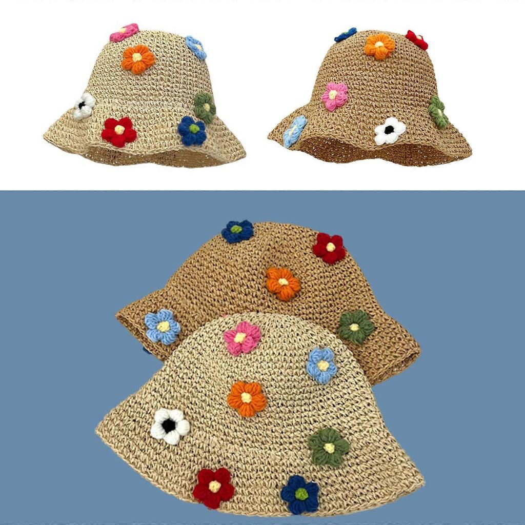 Handmade Beach Hat Crocheted Sunshade Bucket Hat for Women Dress-up Party Flower Bucket Hat for Camping  Khaki