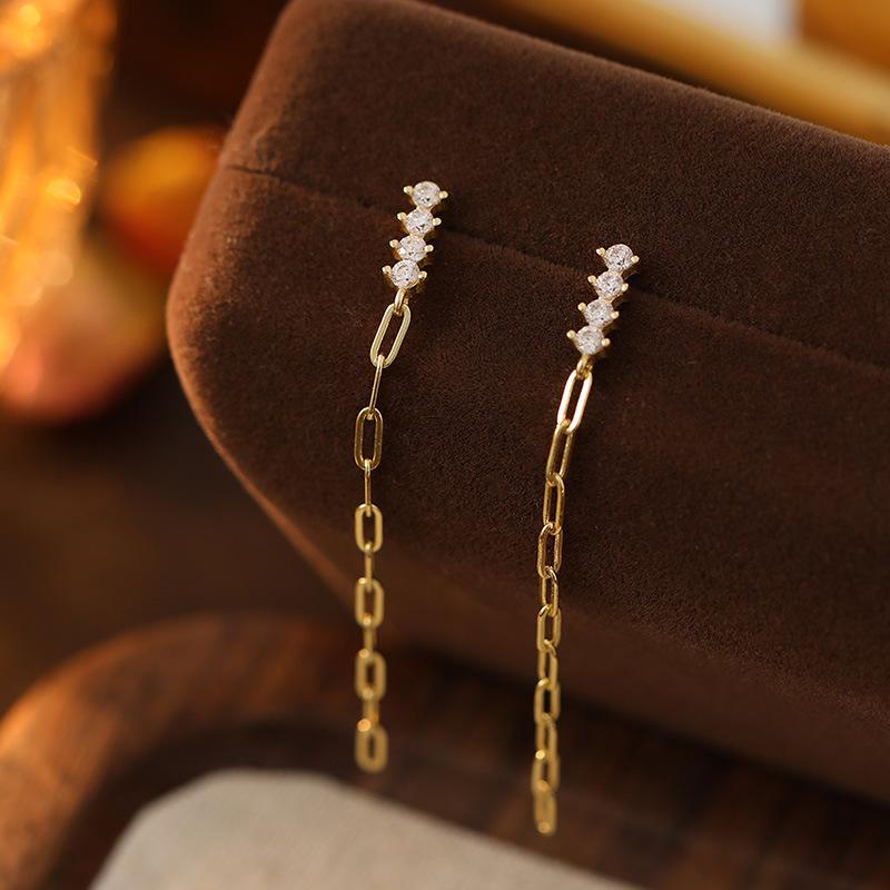 

925 Sterling Silver Chain Tassel Zircon Earrings for Women Temperament Plated 14K Gold Korean Earrings золотий