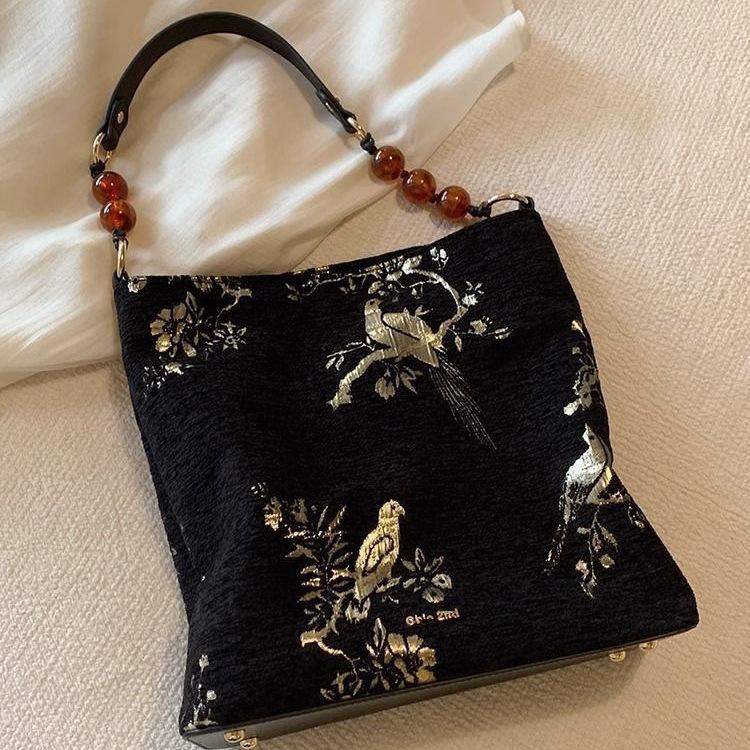 Flower And Bird Chinese Style Underarm Bag New Chinese Shoulder Bag Gentle And Elegant Large Capacity Antique Fashion Literary Tote Bag