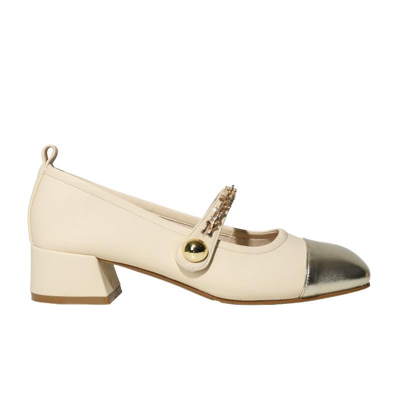 Fashion gold leather patchwork med- high heels shoes woman metal chains pumps ankle strap mary janes shoes tacones big size 43