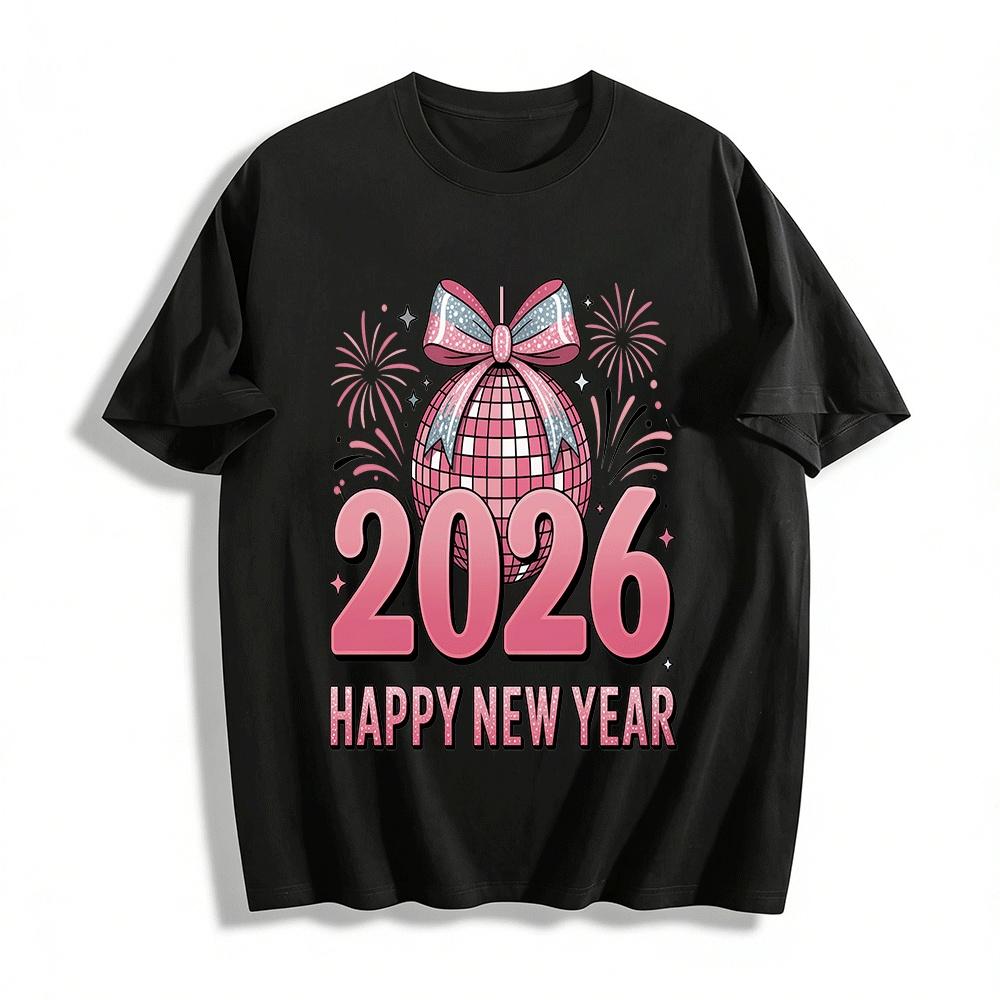 2026 Happy New Year Pink Disco Ball Print Casual Top Pure cotton T-shirt XXS