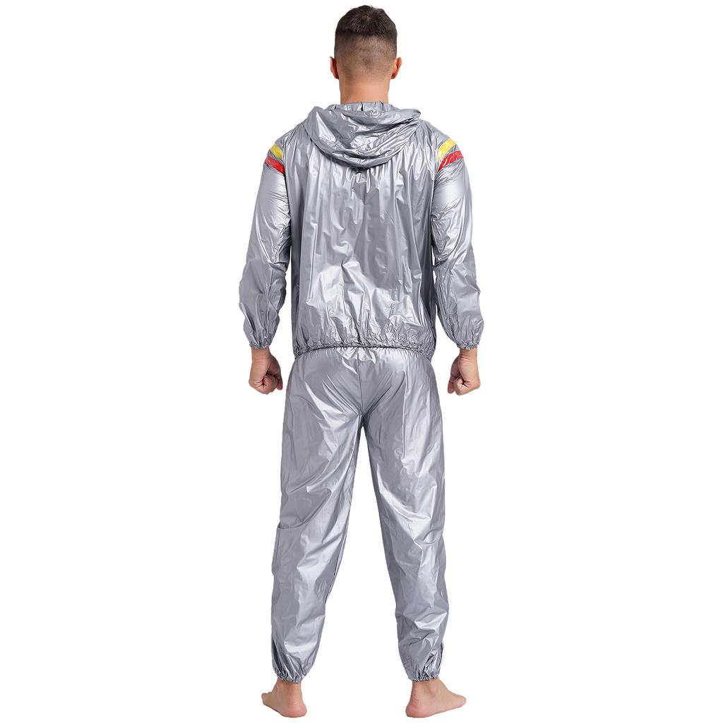 S-4XL Tuta da Sauna Sudorazione Uomo Manica Lunga Giacca con Cappuccio con Pantaloni a Vita Elastica PVC Allenamento Palestra Outfit