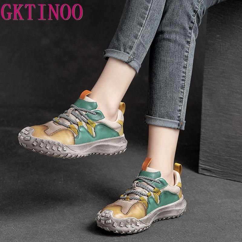 Fashion GKTINOO Lace-up Shoes Women Sneakers Genuine Leather Mixed Colors 2025 New Handmade Comfortable Retro Platform Sneakers