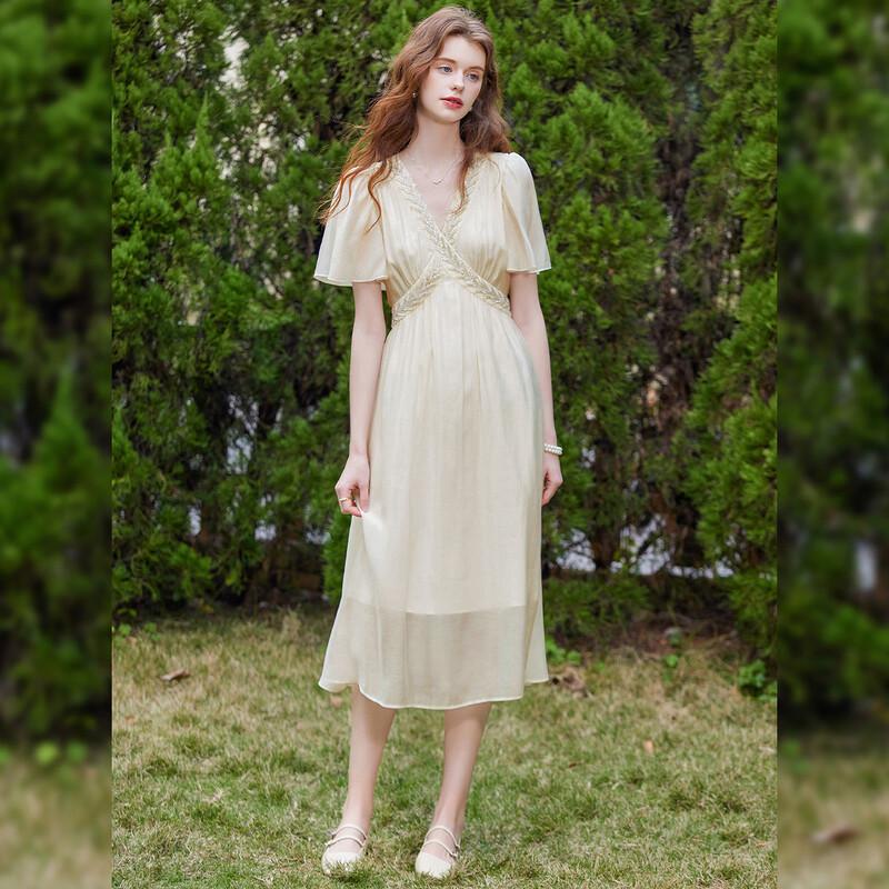 Bailuyu V-Neck Puff Sleeve Slim Fit Long Dress with Beaded Belt