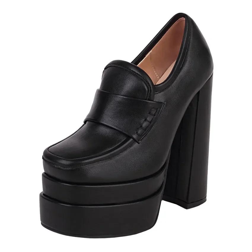 

Women High Chunky Heel Platform Loafers Rosy Pink White Microfiber Party Club Lady Slip-on Square Toe British Thick Bottom Pumps 33 чёрный