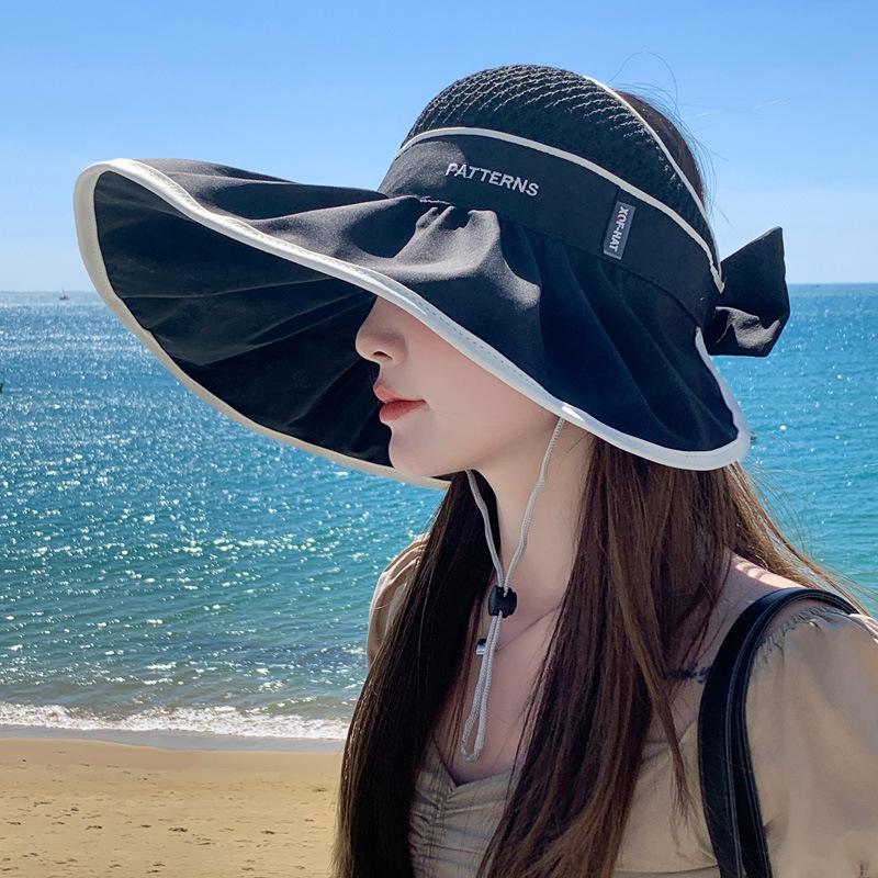 Casual Women Summer Wide Brim Sun Visor Hat Adjustable UV Protection Bow Knot Foldable Sport Empty Top Cap Beach Cap Sun Hat