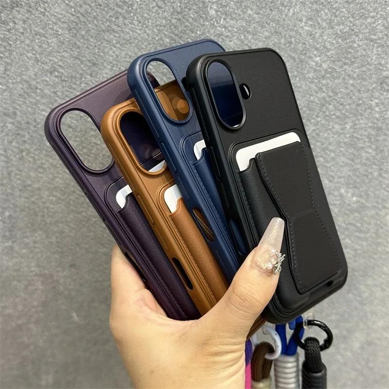 Moda Cüzdan Kredi Kartı Yuvası Arkasında Kordonlu Kapak iPhone 17 Air 13 Pro Max 12 11 Xr 14 15 16 Pro Max İçin PU Deri Kılıf