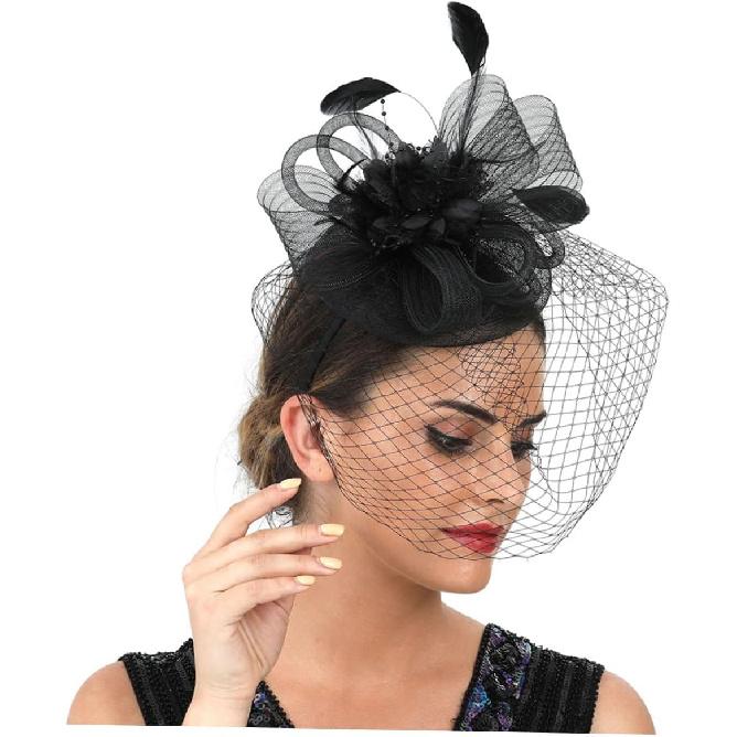 Mesh Flower Headband with Plume Accent, Black Cocktail Tea Party Hat for Women and Special Occasion Accessory