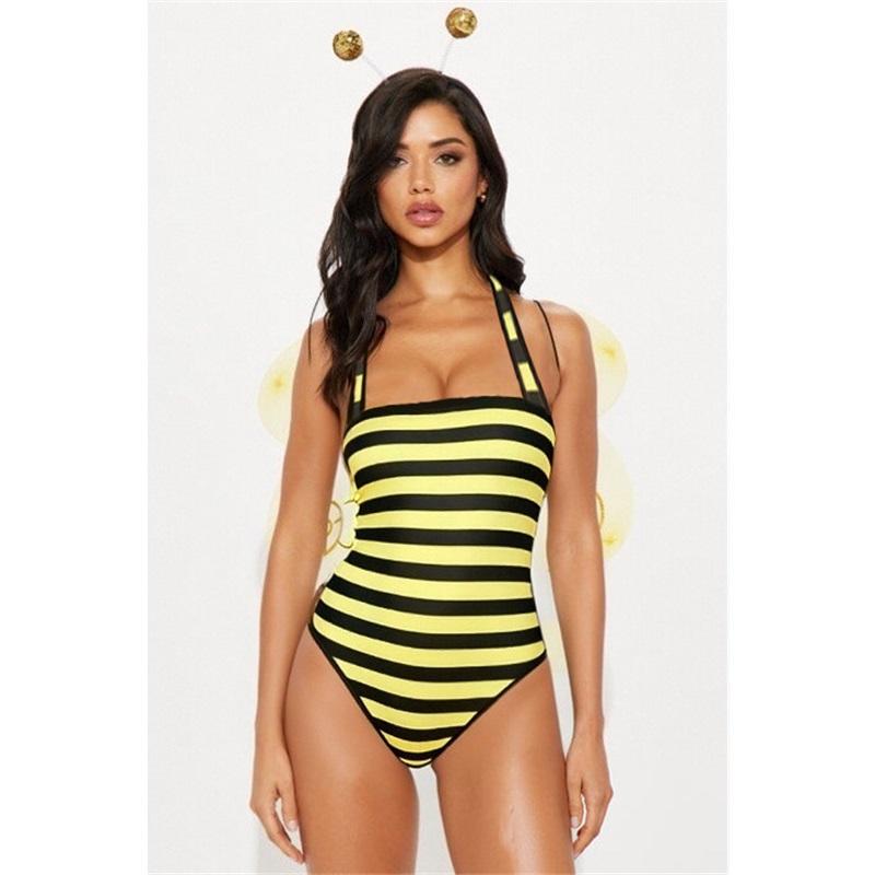 Women Bumble Bee Costume Striped Bodycon Mini Tube Dress With Wings Halloween Carnival Night Club Fancy Dress Cosplay Outfit